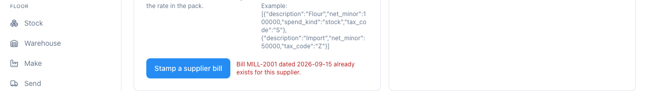 The second bill with the same reference and date is refused by name.