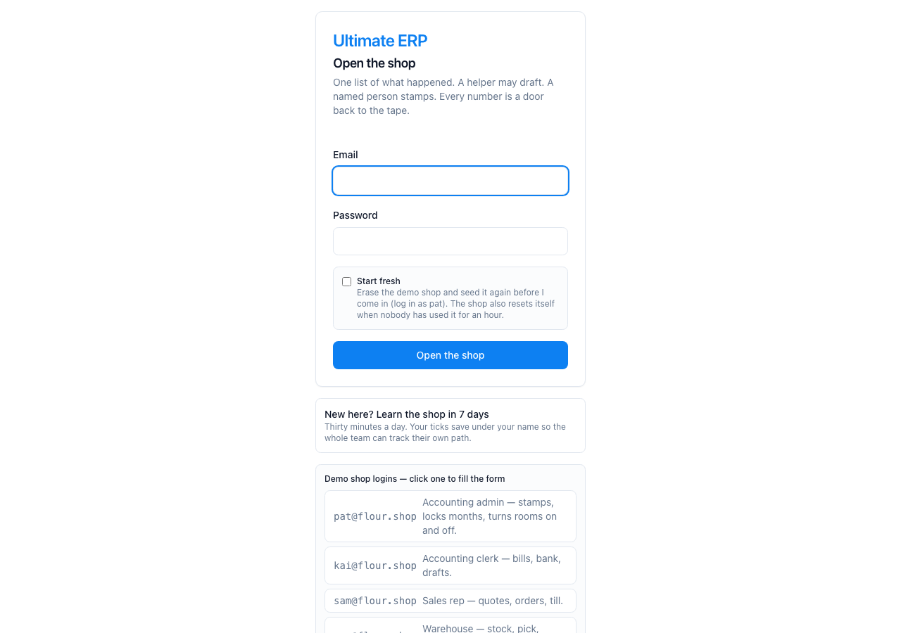 The login page. Start fresh puts the demo shop back before you log in.